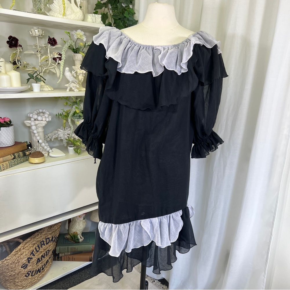 Vintage 80s Black and Silver Ruffle Cotton Gauze Mini Dress - Picture 1 of 16